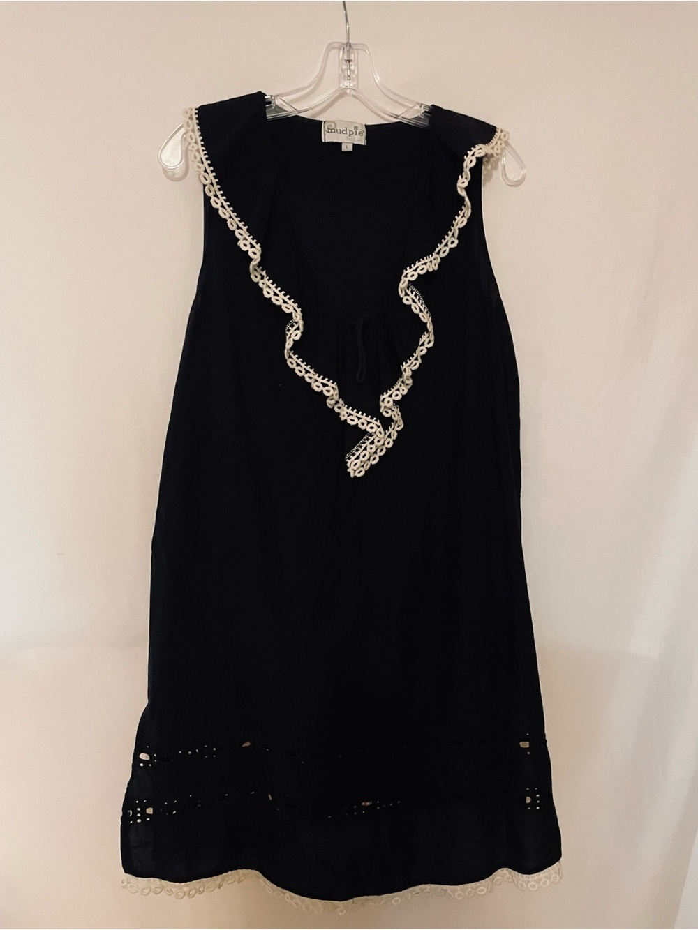 Mud Pie Black Midi Dress with White Lace Trim